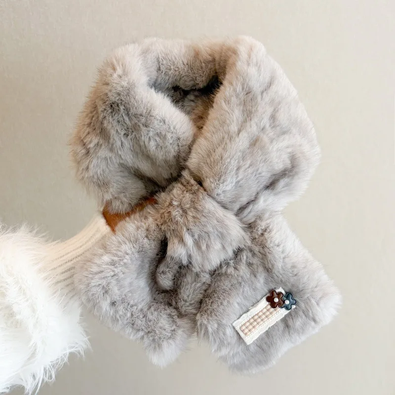 Autumn and Winter Soft Waxy Plush Cross Scarf Cute Flower Decoration Thickened Cold Protection Neck Versatile Fluffy Scarf