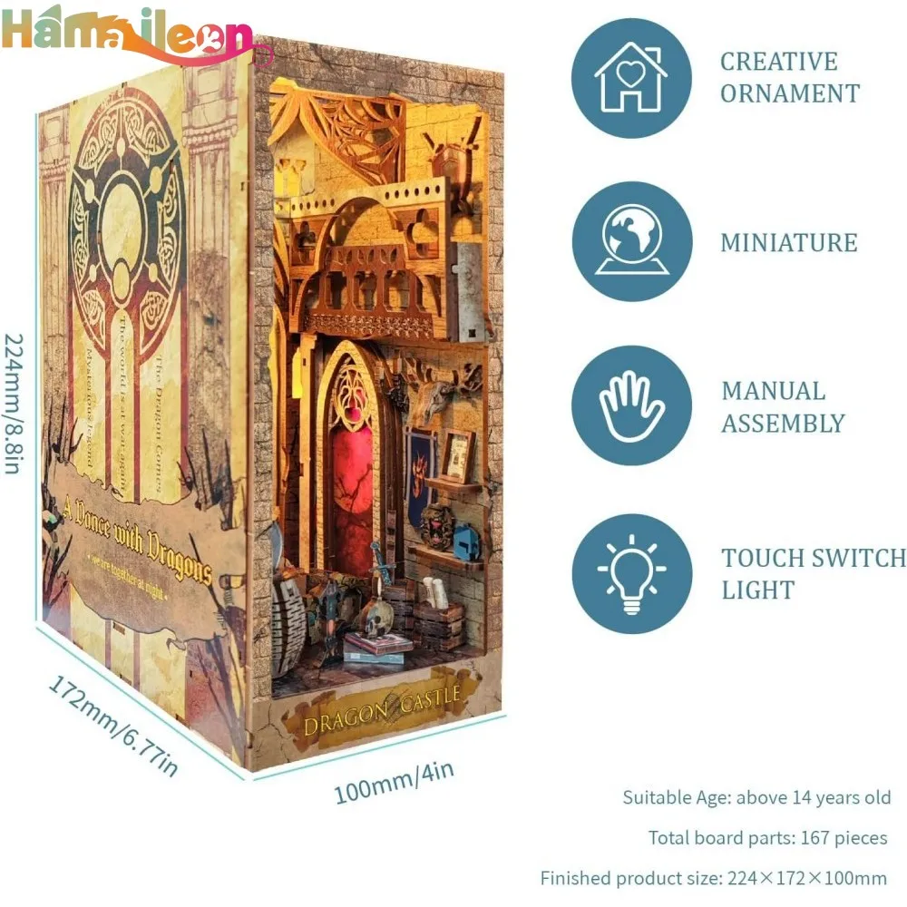 Hamaileon DIY ブックコーナーキット タッチライト付き 木製本棚上のミニチュアハウス 手作り工芸品 大人用 (ドラゴンキャッスル)