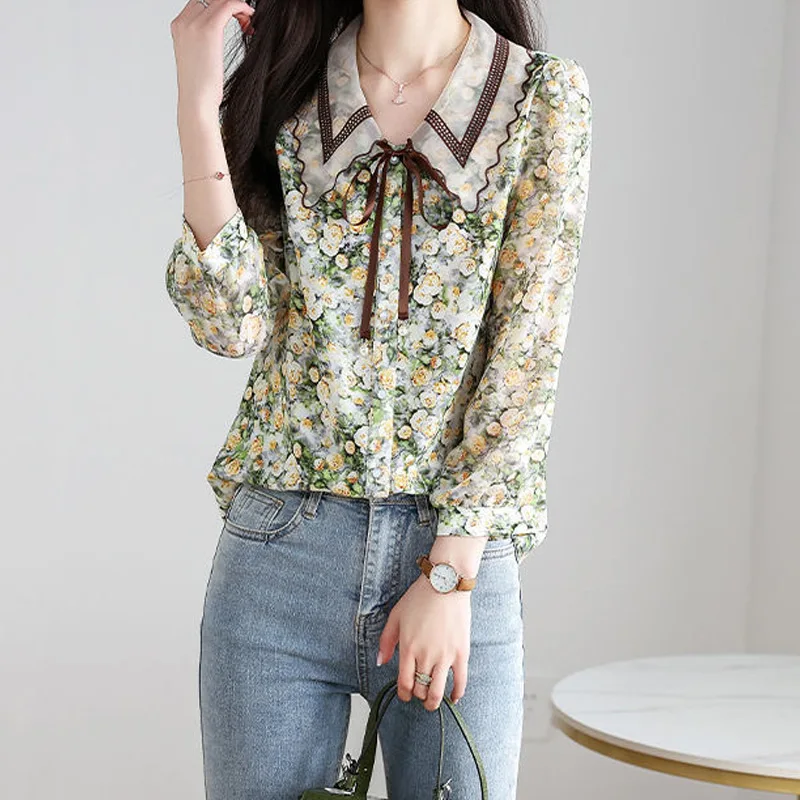 Elegant Floral Loose Blouse Spring Summer New Lacing Patchwork Printing Fashion Shirt Tops Temperament Office Women Clothing