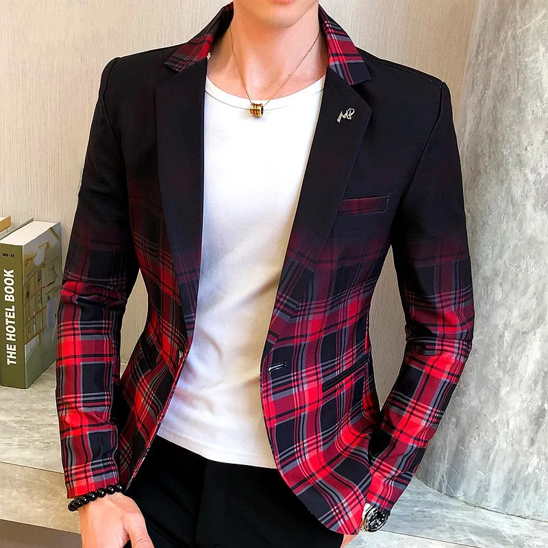 2022 wiosna nowy Colorblock Plaid Blazer mężczyźni Slim Casual dla mężczyzn Blazers ślub biznes odzież na przyjęcia elegancki płaszcz Blazer M-3XL