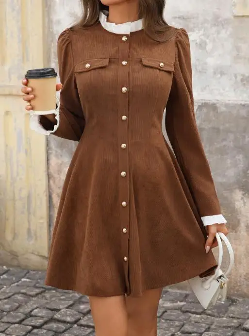 

High End Long Sleeved Dress for Women's 2025 Autumn and Winter New Collection, Spliced Bottom Short Skirt