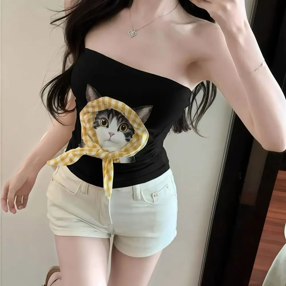 

Топ без рукавов с милым котом и мягкими чашками, женский камзол сладких цветов, мягкие противоскользящие женские топы с внутренней стороны, модная внутренняя одежда