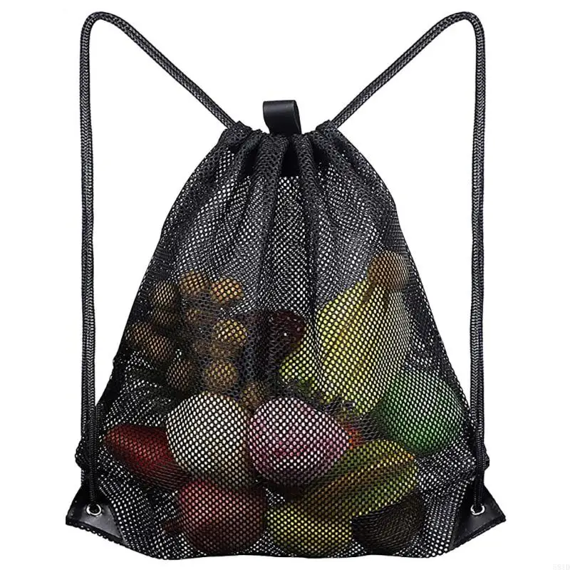 581D Black Mesh Drawstring Bag Protable Reusable Swimming Bag Beach Clothes Bag