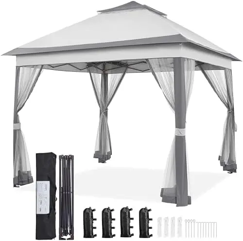 11x11 Pop Up Gazebo Outdoor Canopy Shelter, Instant Patio Gazebo Sun Shade Canopy Tent with 4 Sandbags, 2 Tiers Roof &