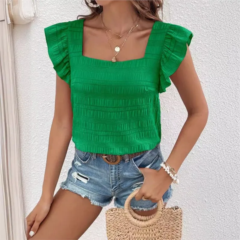 Women's Blouse Summer New Fashion Versatile Solid Color Square Neck Flying Sleeves Shirt Top For Woman Roupas Femininas