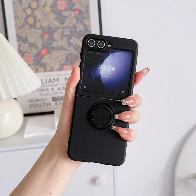 

Роскошный однотонный жидкий силикон 360° ° Складной чехол для телефона с вращающимся кольцом для Samsung Galaxy Z Flip 6 5 4 3, мягкая задняя крышка