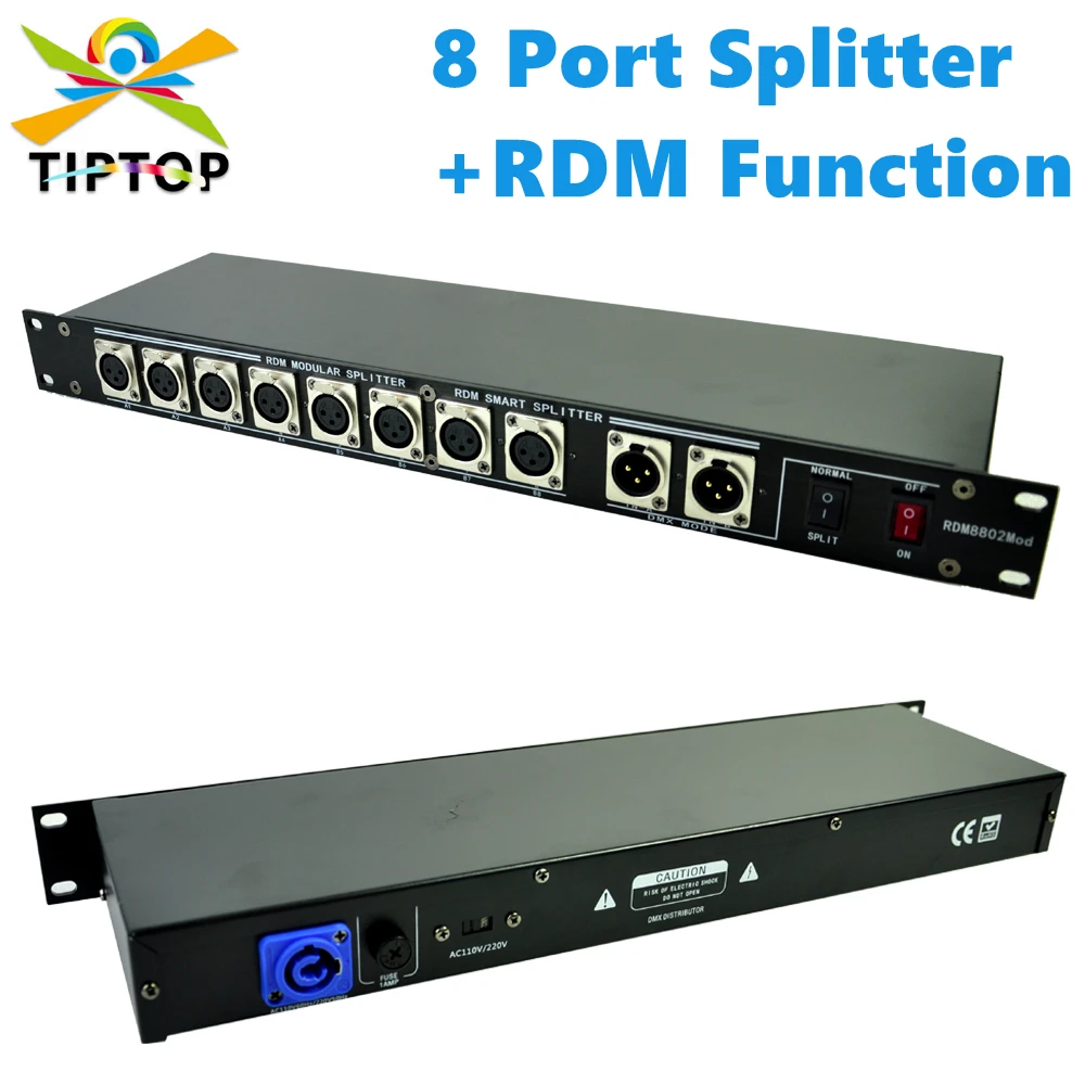 TIPTOP 8 Port RDM-DMX512 Signal Distribtor Stage Lighting Modular Controller 3 PIN Output DMX Address Change Testing Function