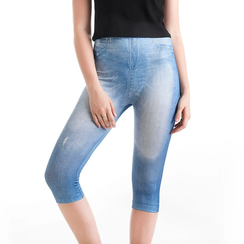 Mallas vaqueras falsas para mujer, Leggings cortos elásticos con estampado, talla grande, hasta la pantorrilla, pantalones de verano, Jeggings de