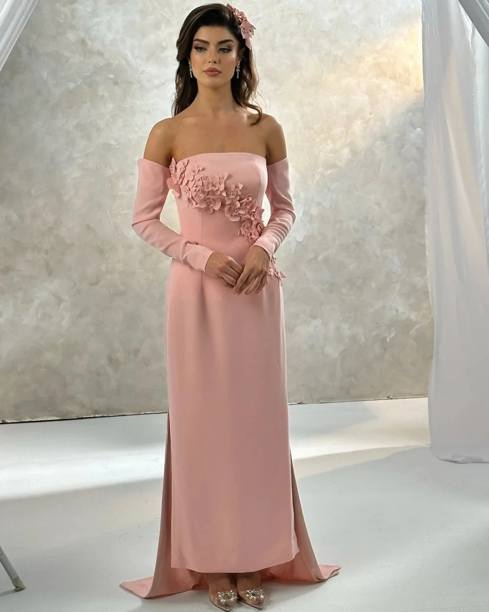 

Pink Floral Party Long Bespoke Occasion Gown Evening Dresses Pastrol Unisex Jersey Retro Dubai Saudi Arabic Prom Customized