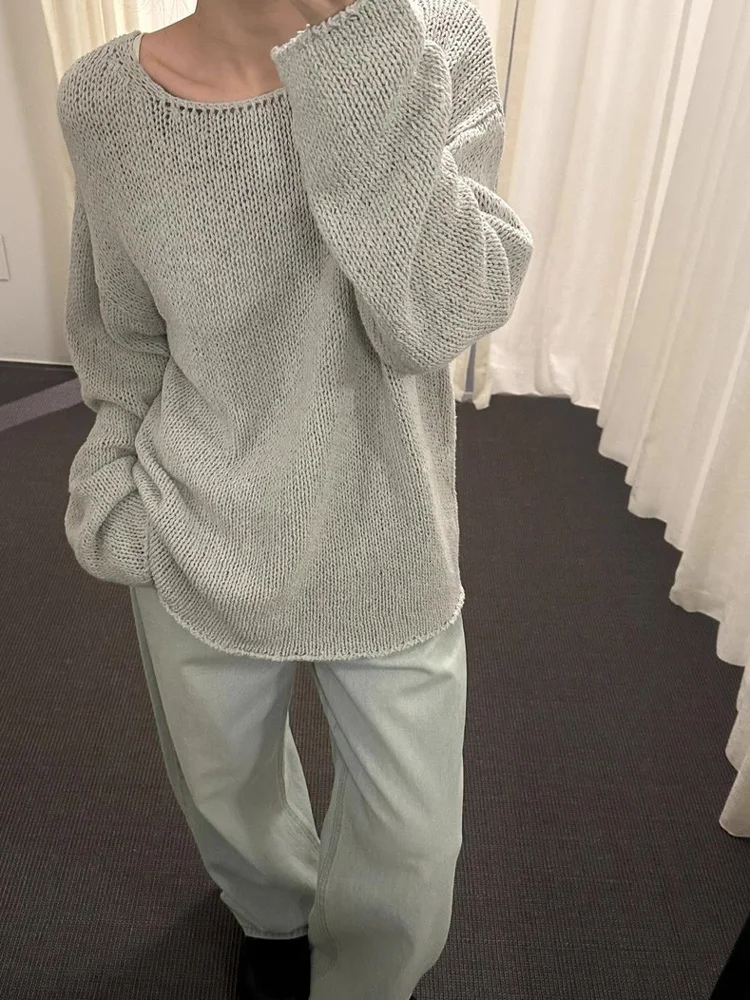 

URAG Loose Knitted Top Versatile Casual Style Cotton Blend Long Sleeve round Neck Mid-Length Color Fashion Spr...