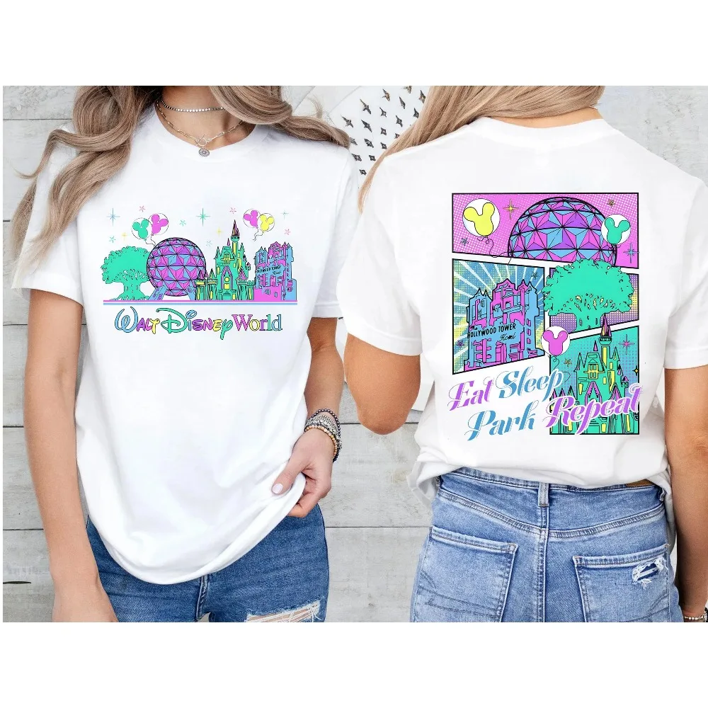 قميص برسومات Magic Kingdom Epcot Animal Kingdom، تي شيرت Disney Eat Sleep Park Repeat، قميص Walt Disney World Trip Kit
