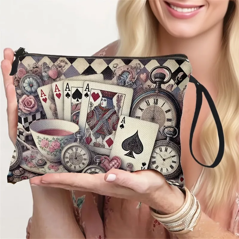 Dreamy Alice Playing Card Clock Pattern Makeup Bag with Wrist Strap, Portable Travel Toiletry Bag, Snack Pouch