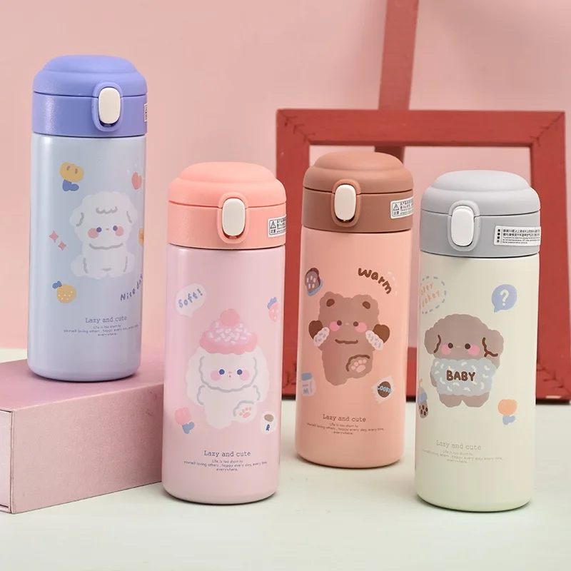 380ML Stainless Steel Thermos Vacuum Flask Cute Cartoon Thermal Water Bottle For Girls Insulated Straw Cups Tumbler Drinkware