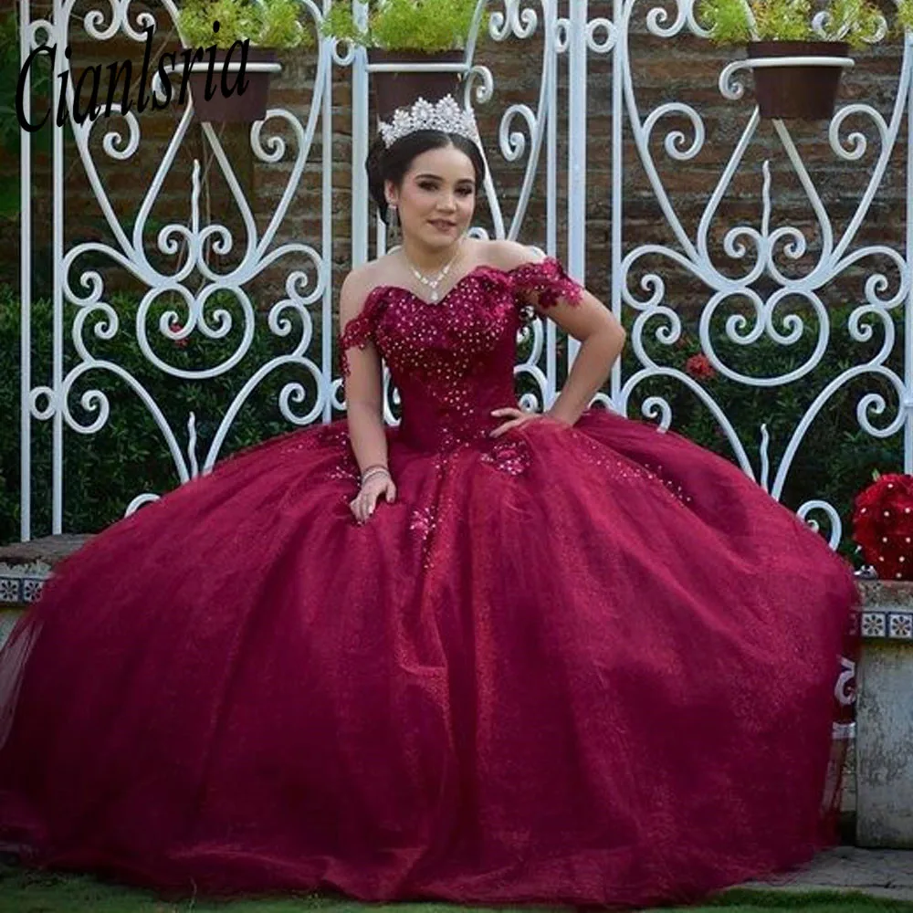 Vestido de quinceañera con hombros descubiertos, traje de baile de cumpleaños, con cordones, brillante, color burdeos, 15 y 16