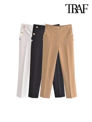 TRAF Women Fashion With Metallic Button Straight Pants Vintage High Waist Back Elastic Waistband Female Ankle Trousers Mujer