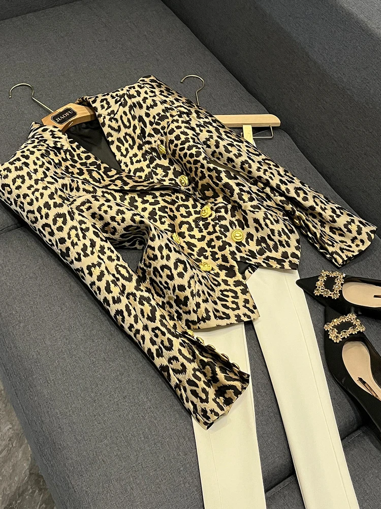 

Retro Faionable Leopard Print Jaet ort Slimming Sli ort Suit Top Women's Busin Casual Cotton Button ket