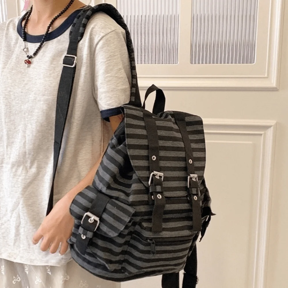Casual Large Capacity Striped Backpack Y2K Multi-pocket Students Schoolbag Nylon Cloth Hiking Camping Bag Students