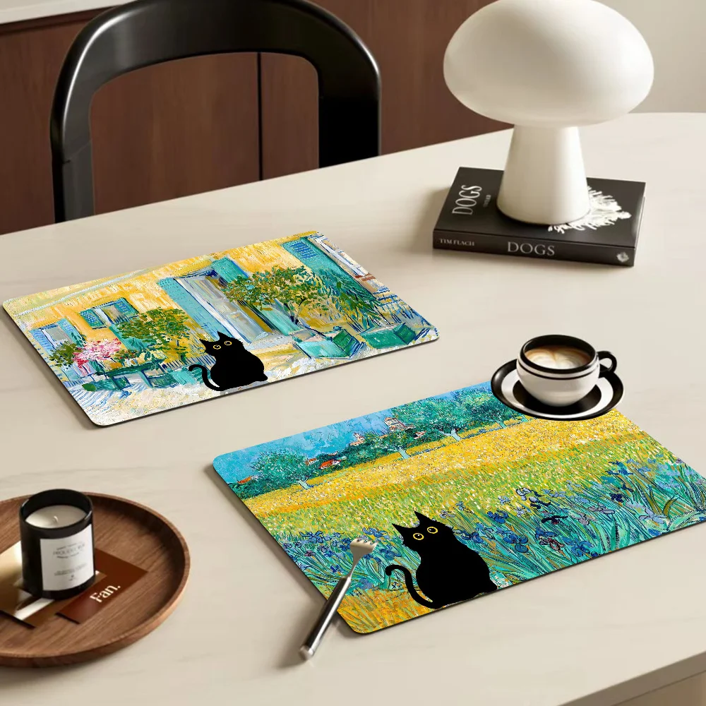 Van Gogh Black Cat Kitchen Draining Mat Tableware Pad Coffee Dish Drying Mat Placemat Bathroom Kitchen Drain Pad