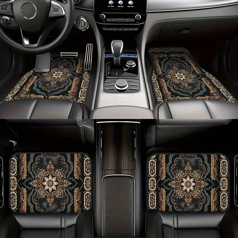 4pcs Bohemian Pattern European Ethnic Car Rubber Mats, Universal Anti-Slip Floor Mat, Easy-Clean Interior Accessory, Synthetic R