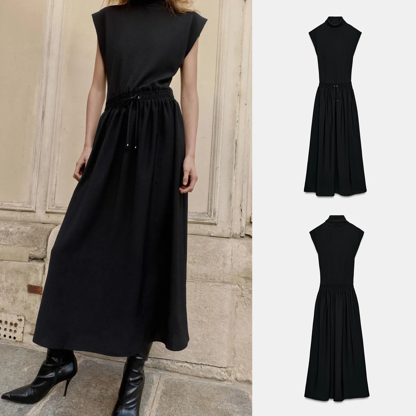 Autumn Winter New American Sle High Collar Svel  Knot Tie Splice Long Dr Ladies Casual Loose Fit A-Line S...