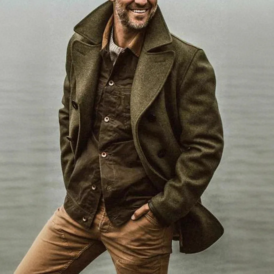 

Men's Mid-Length Casual Retro Sle Button-Up Coat Thi Winter Outerwear Long Sve Color Straight Hemline Japanese V...