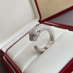 Designer Collection Open Ring Women Lady 925 Sterling Silver Paved Cubic Zircon Plated Gold Color Leopard Panther High Jewelry