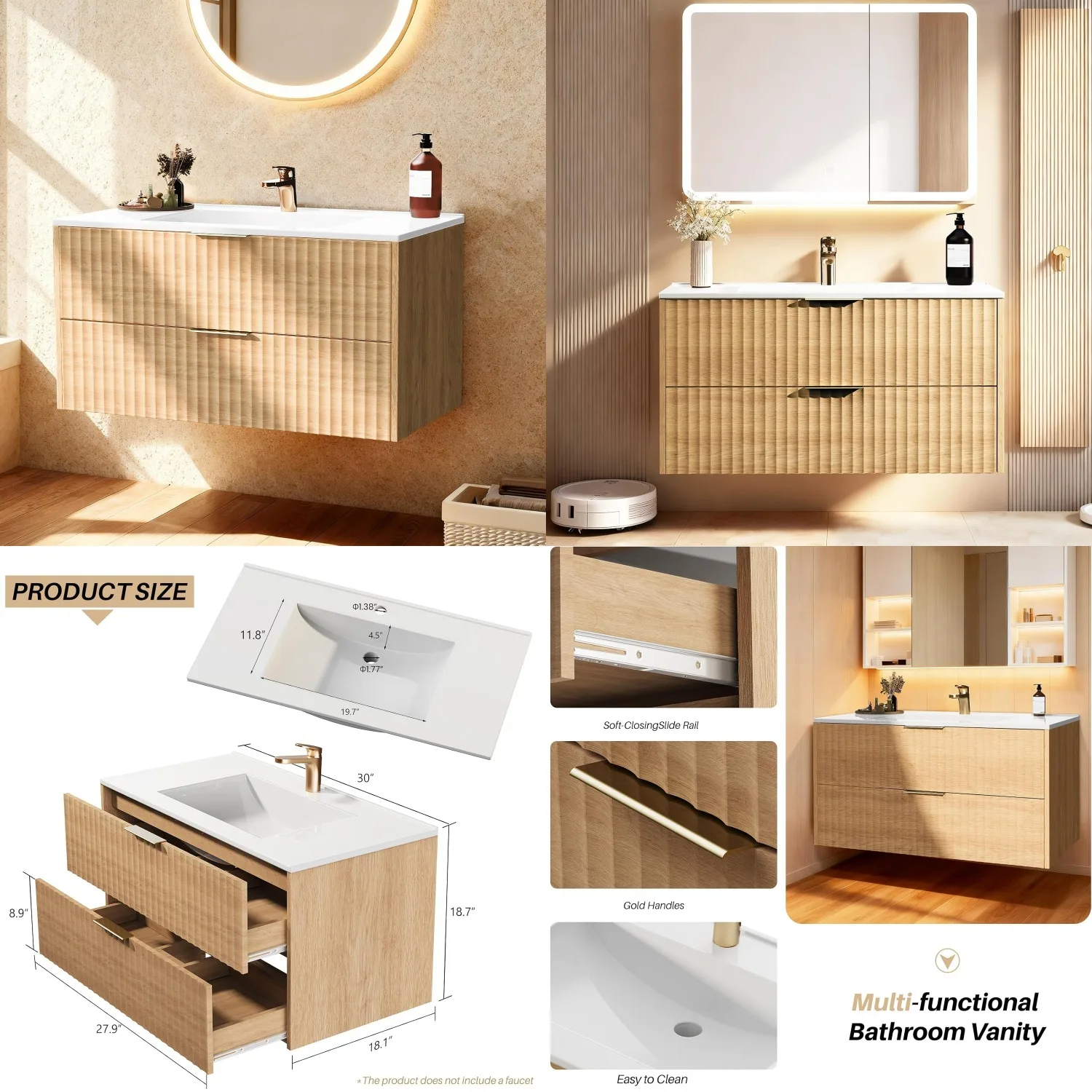 

30" Floating Bathroom Vanity with Resin Sink 2 Drawers Wood Grain Wall Mounted Customized
