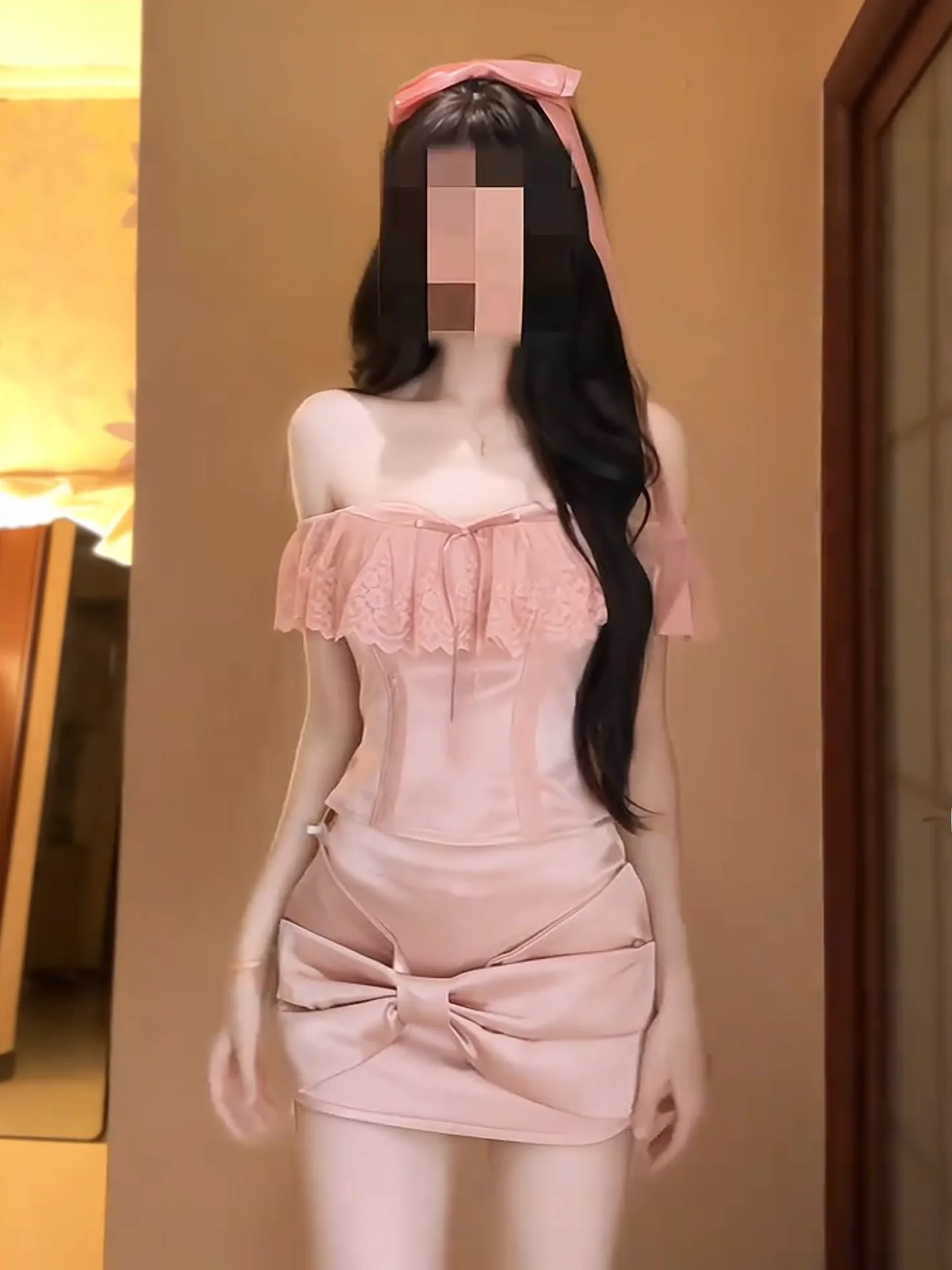 

Pink Lace Splice Slim Fit Women's Knot Design Sensual One Shoulder Top And Skirt Set Summer Casual High Waist Short...