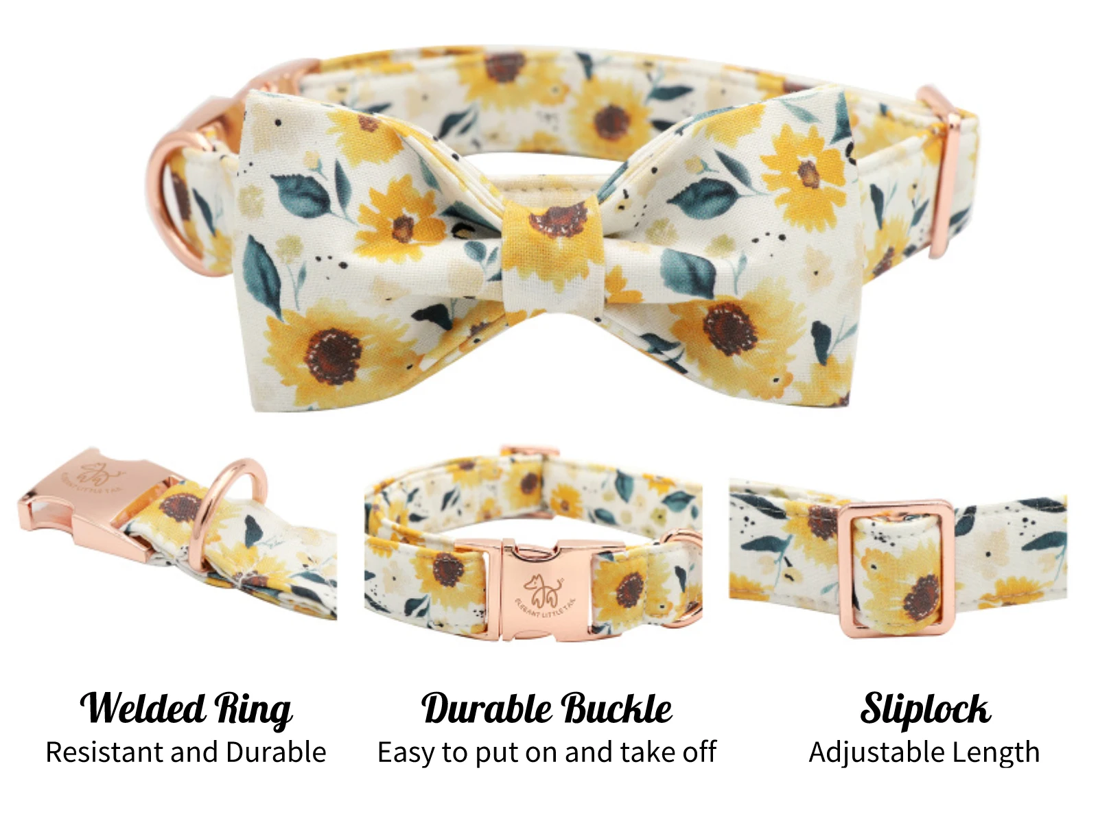 Elegant little tail Sunflower Print Dog Collar Girl Dog Collar with Bow Adjustable Soft Bow tie Dog Collars leash