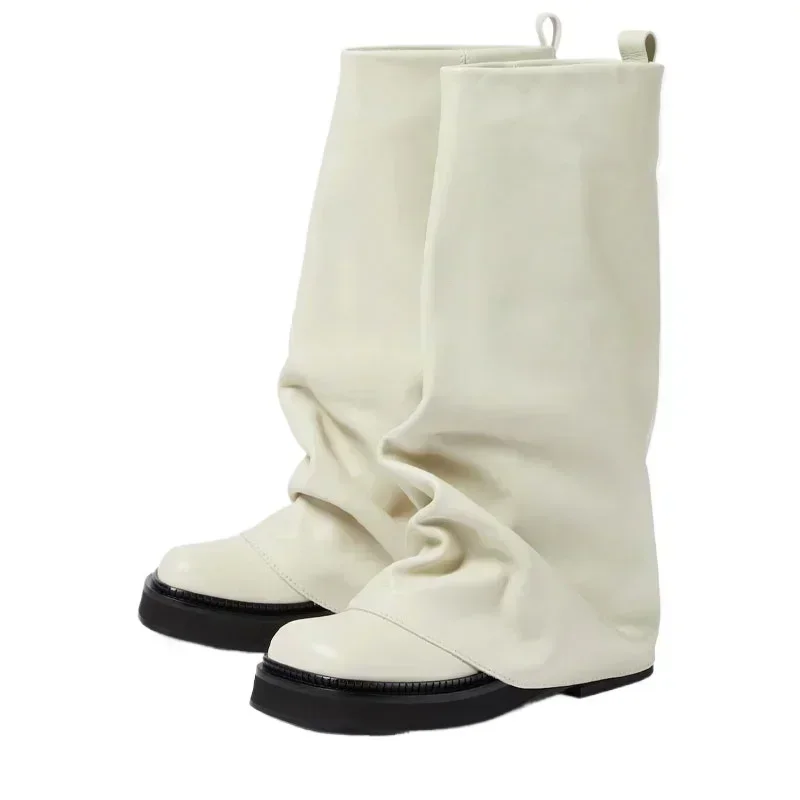 جديد كبير جدار شقة القاع جولة تو كم الركبة عالية مطوي الأحذية النسائية الرجعية فارس الأحذية أحذية للنساء