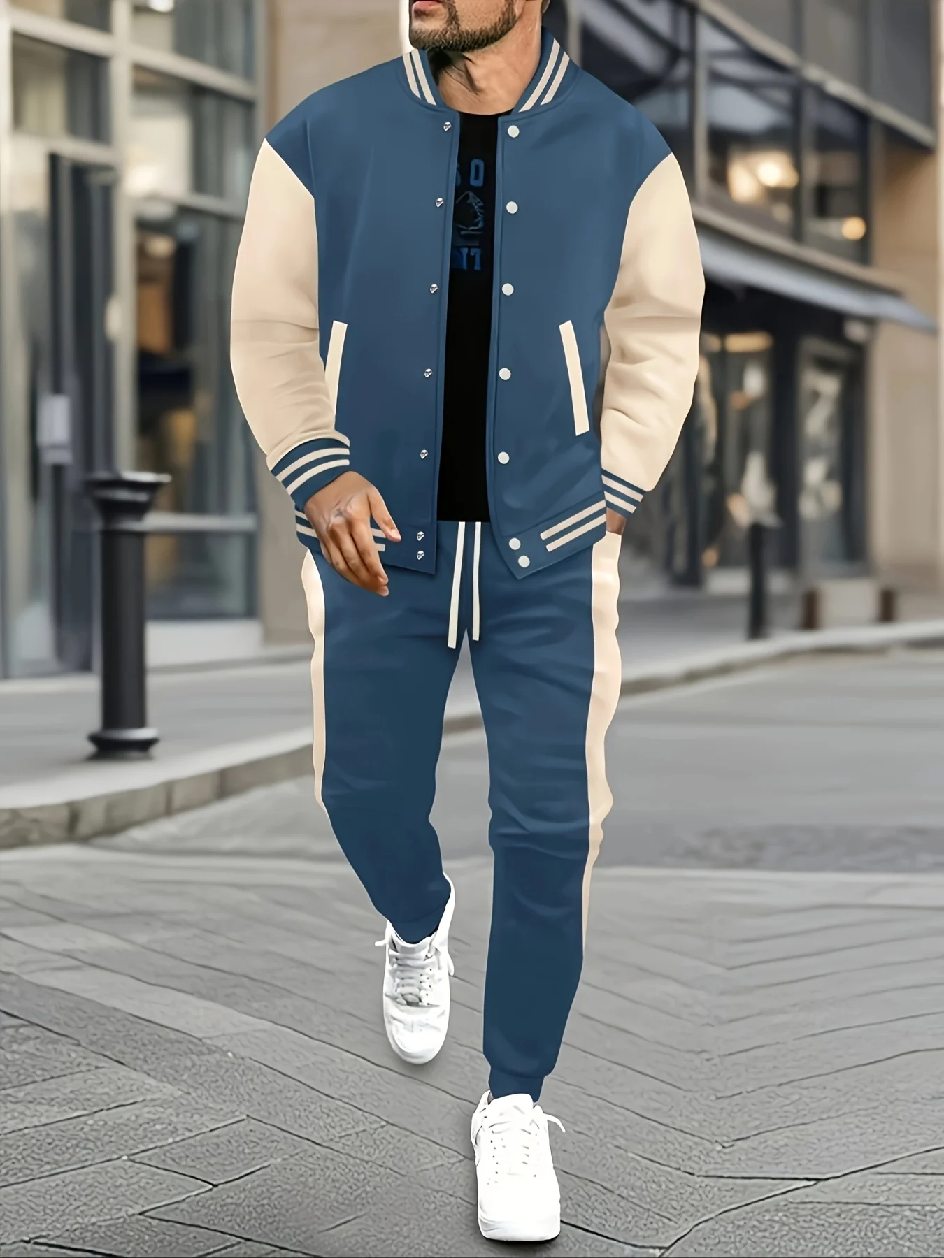 Polyester Men's Casual Baseball Jacket & Pants Set - Color Block, Button-Up with Belt Detail for Spring/Fall
