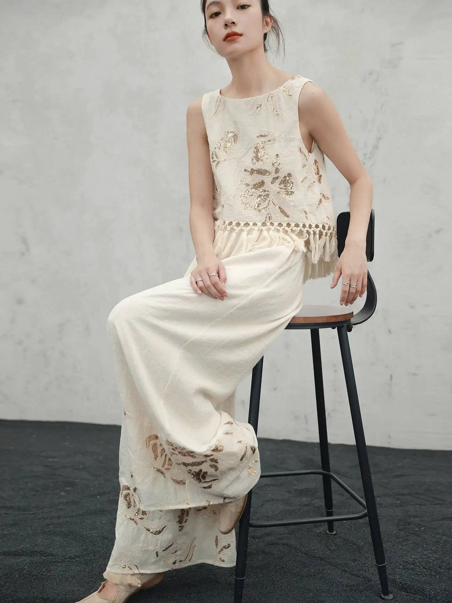 UMI MAO Sequin Embroidered Patchwork Wide-Leg Pants For Women, Beige, Summer New Chinese Style Bamboo Leaf Linen Versatile