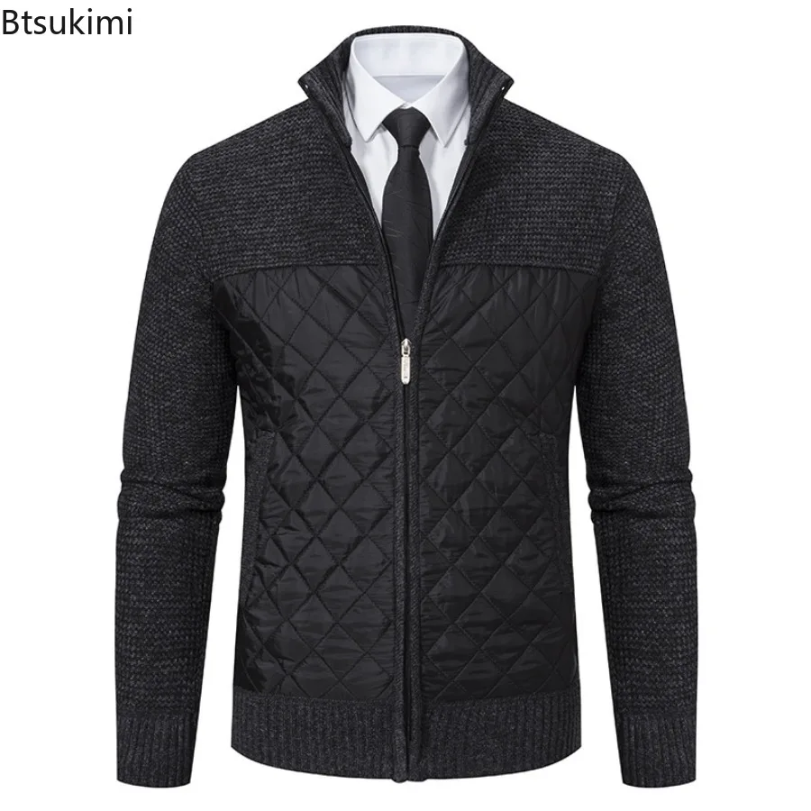 New Autumn Winter Men's Sweater Jacket Coat Knitting Outewear Patchwork Stand Collar Long Sleeves Warm Zipper Casual Jackets