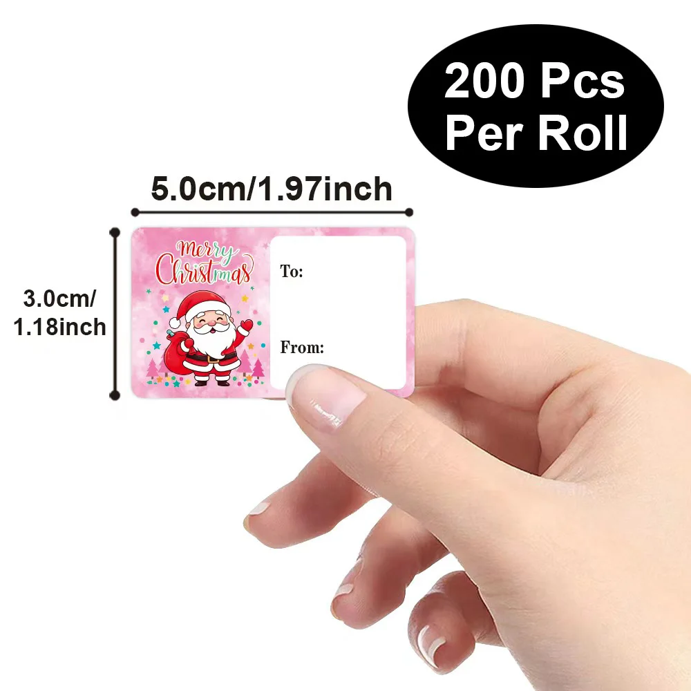 200Pcs Pink Christmas To From Gift Tag Stickers 3*5cm Santa Gingerbread Snowman Self-Adhesive Xmas Gift Name Label Stickers