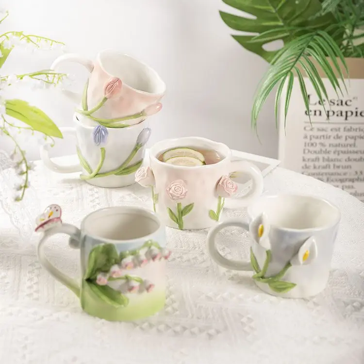 

3D Relief Tulip Hand-held Flower Cup,Exquisite Simulation Wind Chime Flower Rose Ceramic Cup,High-quality Gift for Friends