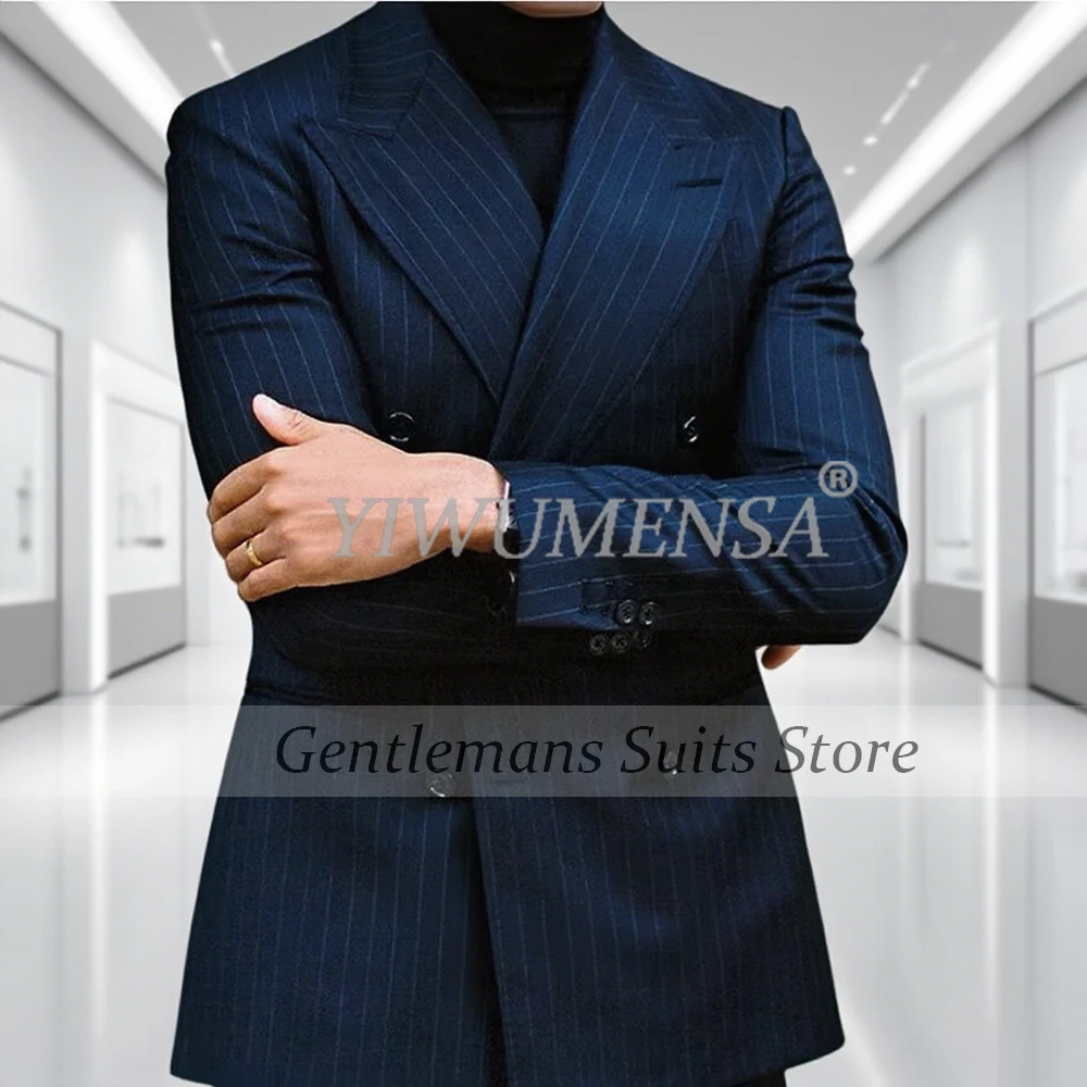 

British Style Stripes Suits Men 2 Pieces Sets Customized Doubel Breasted Groom Blazers Man Bnquet Wedding Tuxedos Costume Homme
