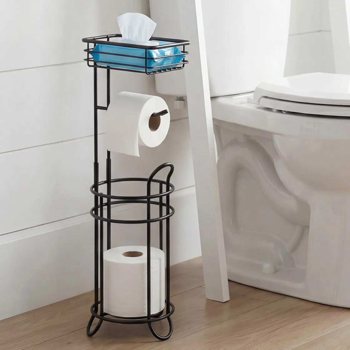 

Floor Standing Toilet Paper Holder Iron Bathroom Tissue Dispenser Rust-proof Freestanding Toilet Roll Holder Storage Shelf