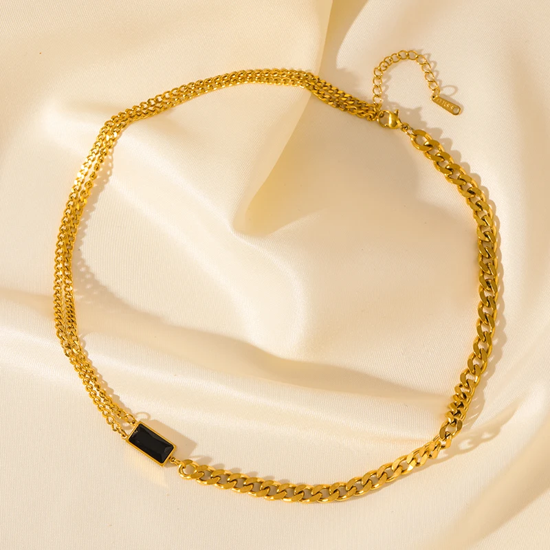 GANEMLY-Colar de cristal preto para mulheres, aço inoxidável 316L, corrente de pescoço impermeável, banhado a ouro 18k, presente feminino da moda