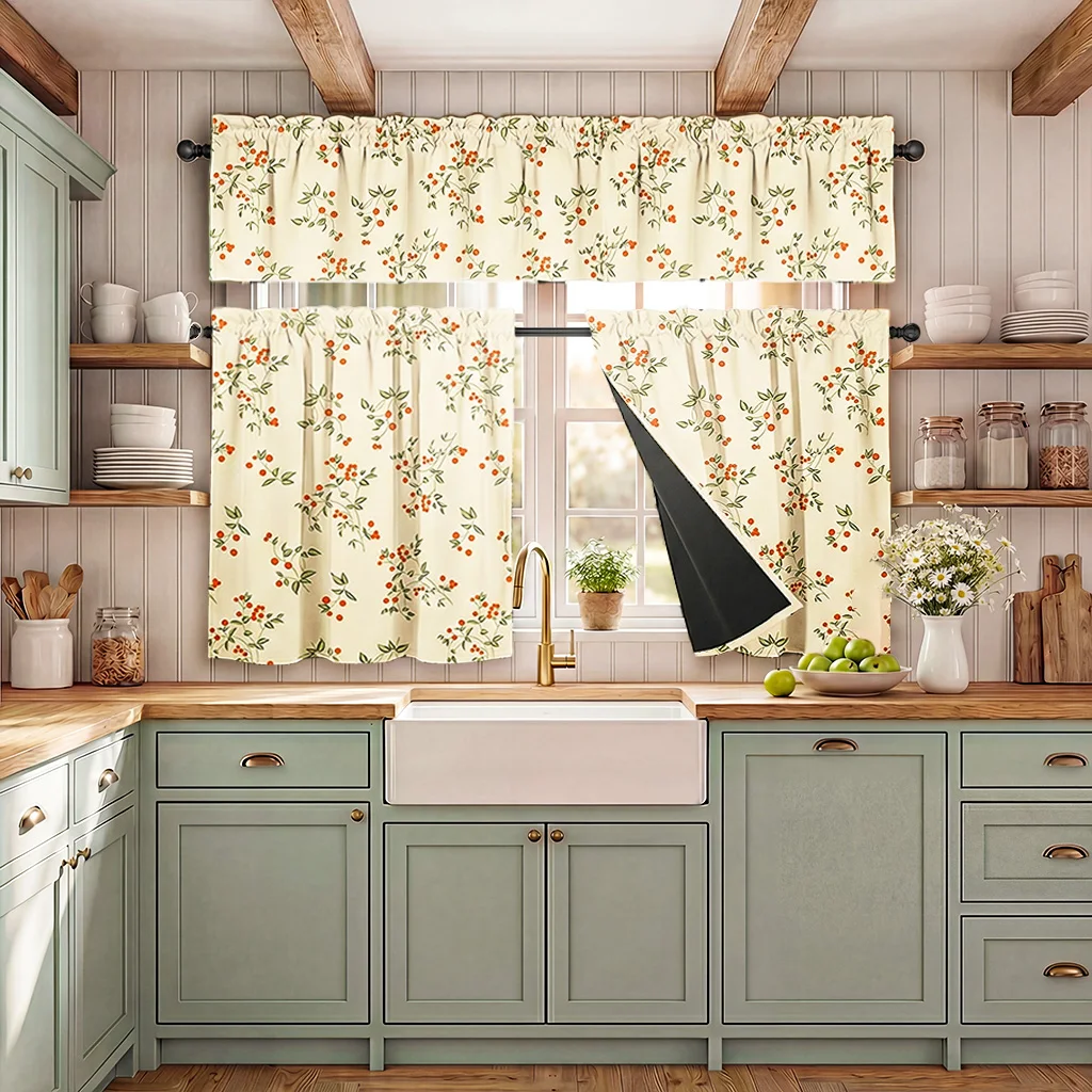 3-Piece Set, French-Style Watercolor Print Kitchen Blackout Curtain Set, Includes One Valance and a Pair of Small Curtains, Beautiful Illustration Print, Fade-Resistant, Ruffled Rod Pocket Design, Easy to Install, Lightweight and Soft, Black Coating Lining, 100% Blackout Effect, Privacy Protection, Polyester Material, Washable, Suitable for All Seasons, Darkens the Room, Suitable for Bedrooms, Living Rooms, Offices, Kitchens, Dining Rooms, Cafes, Dorms