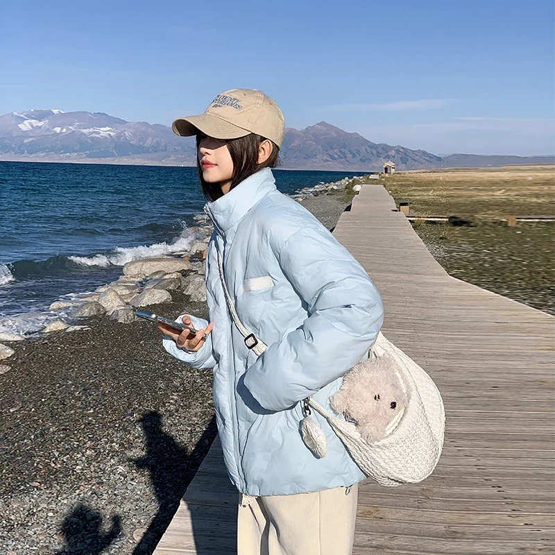 New Fashion Blue Warm Argyle Padded Jacket Women Winter Coat Stand up Collar Versatile Loose Casual Couple Coat Women Clothing