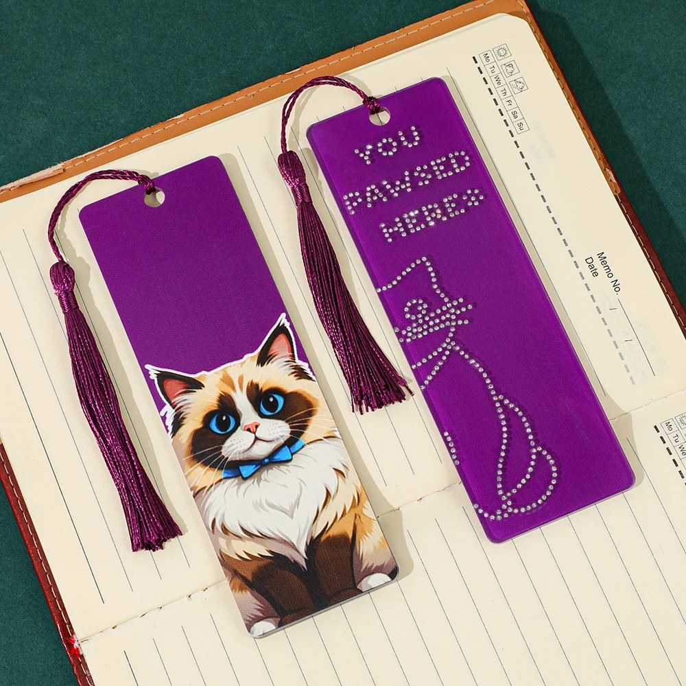 Diamond Art Cute Doll Cat and Line Cat Purple Acrylic Bookmark, Handmade Diamond Inlaid Cat Reading Marking Craft,