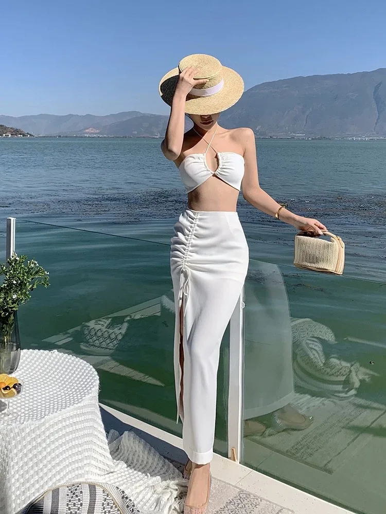 

Women Sexi White Top Bra Hip Skirt Set Summer Beach Vacation Sets Halter Hanging Neck Desire Shirring Split Skirts Set Date Suit