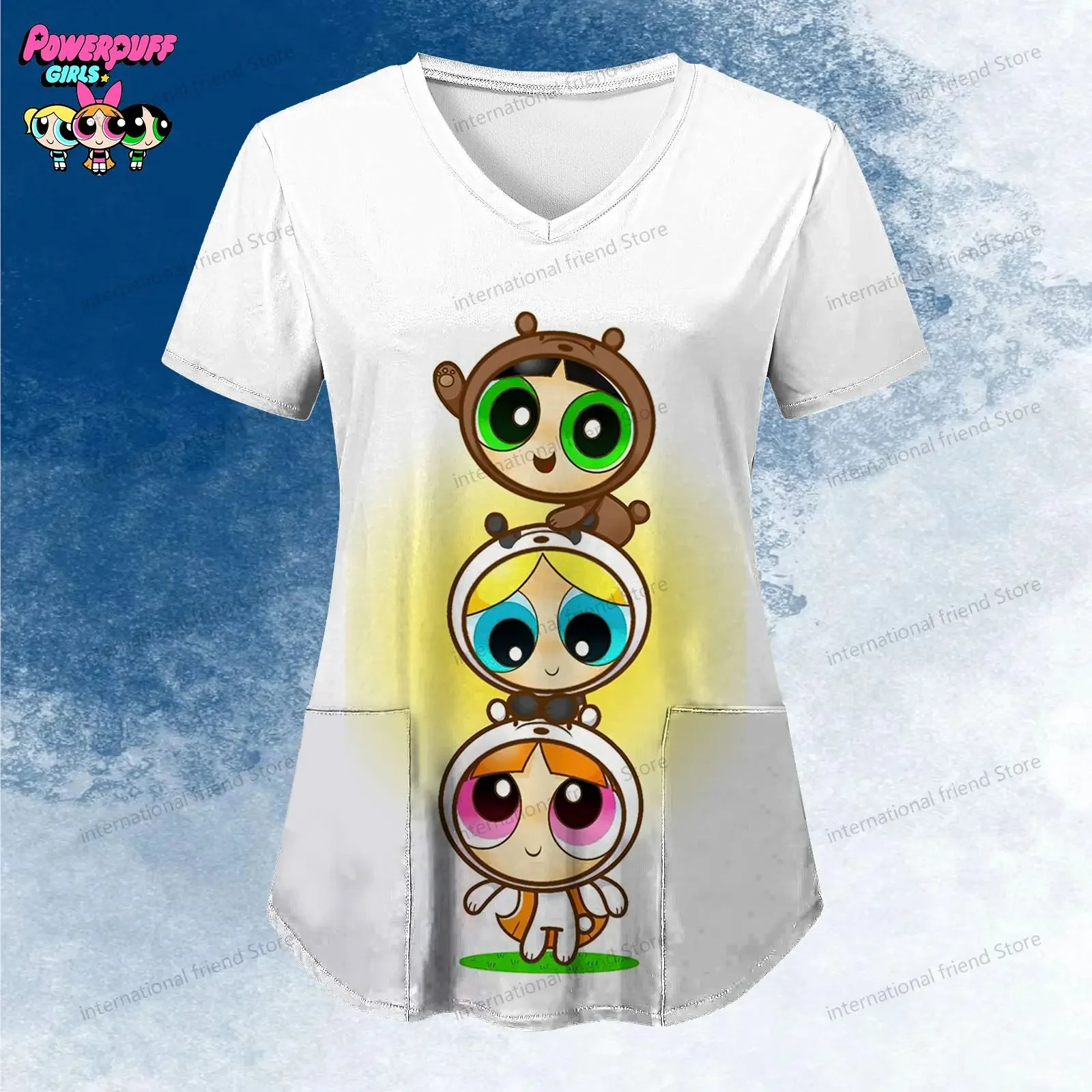 Women\'s V Neck Nurse Uniform T-Shirt Pocket The Powerpuff Girls Summer Woman Clothing Kawaii Y2k New Dress Tshirts Dames 2024