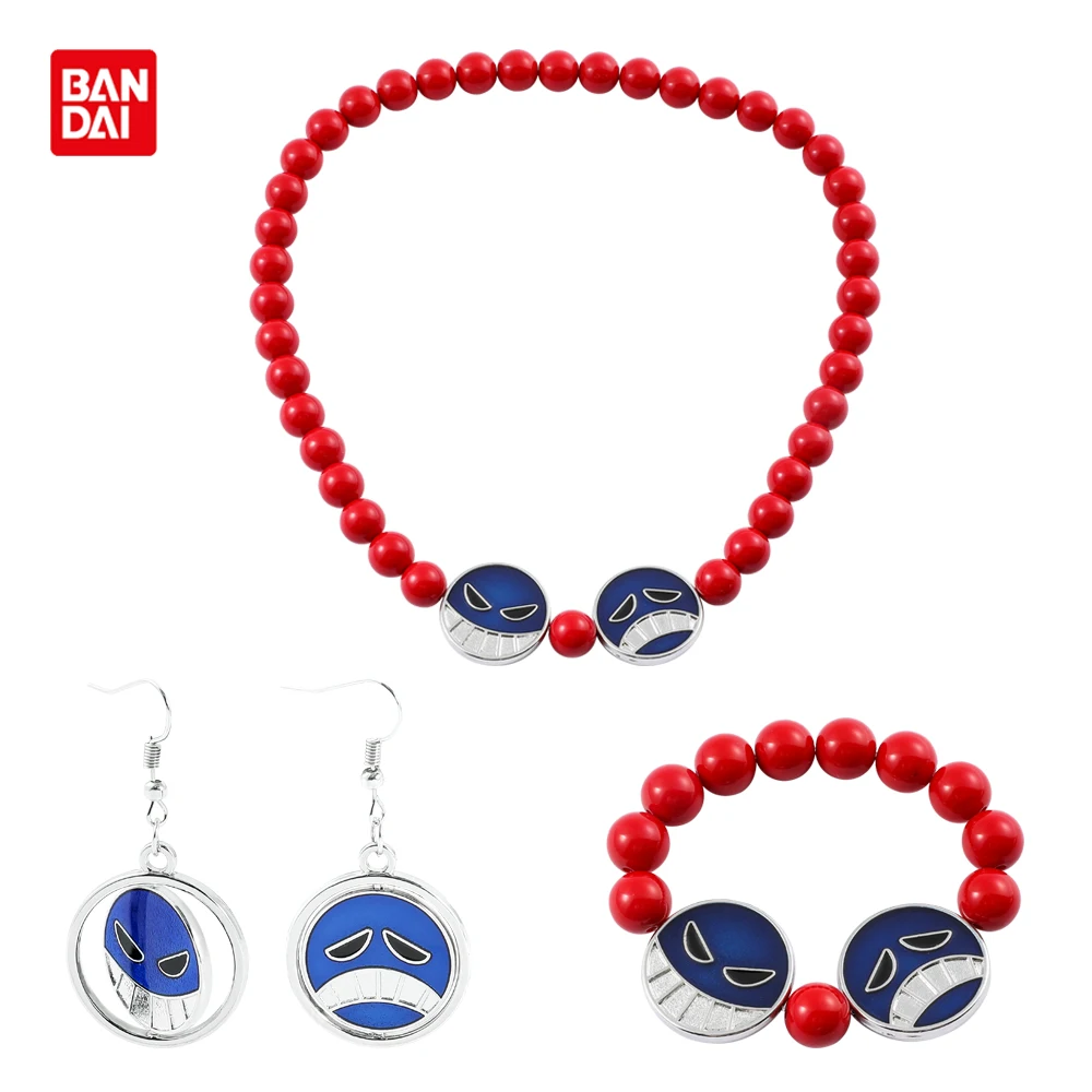 Bandai-pendientes con colgante de insignia de sonrisa triste, collar de cuentas Rojas, pulseras, accesorios de Cosplay de Anime, periferia, Ace, una pieza