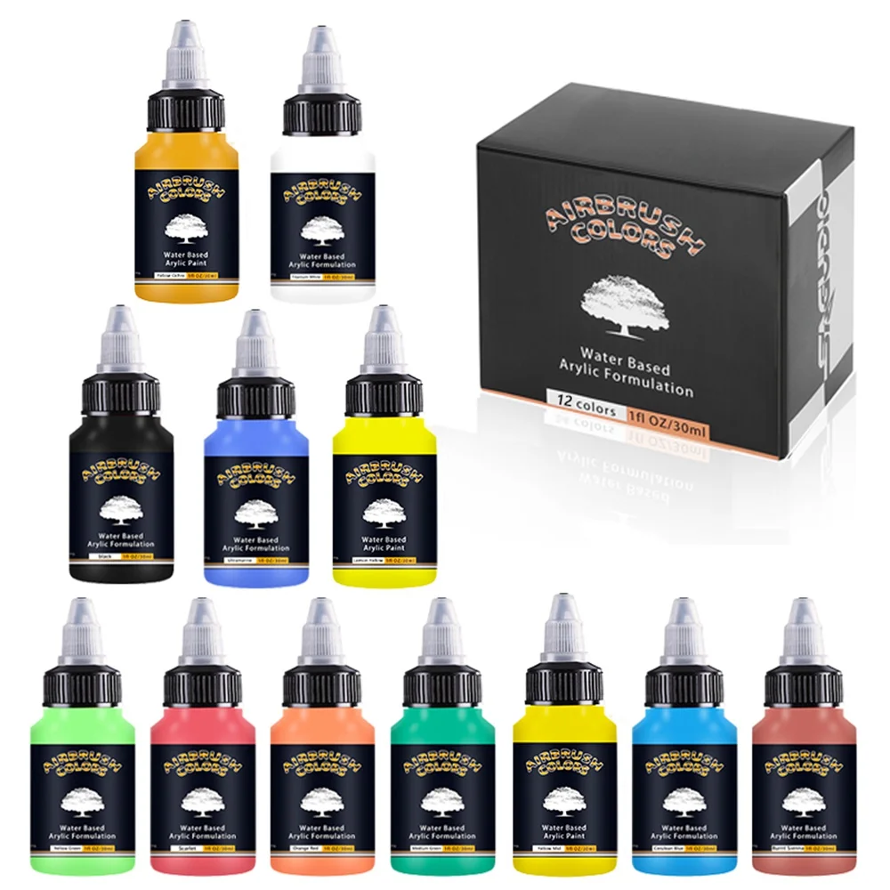 Set de vopsea acrilică de 12 culori de 30 ml sticle pe bază de apă, gata de apă gata de aerograf pentru model, încălțăminte, lemn, țesătură, piele