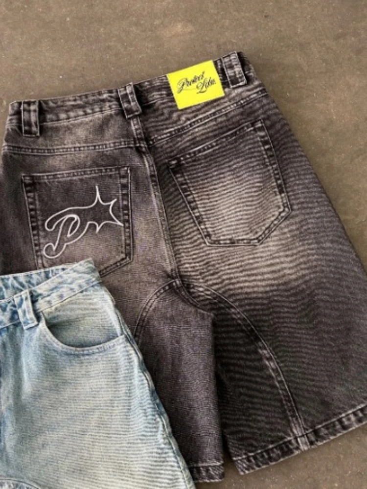 HOUZHOU Y2k Vintage Harajuku krótkie dżinsy damskie sprany haft amerykański Retro męskie dżinsy Jorts Baggy hiphopowy sweter lato