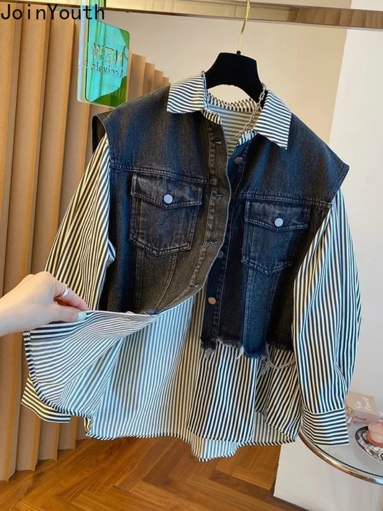 Blouse Women\'s Clothing Vintage Denim Patchwork Fake Two Shirts 2023 Blusas Mujer De Moda Casual Striped Y2k Oversized Tops