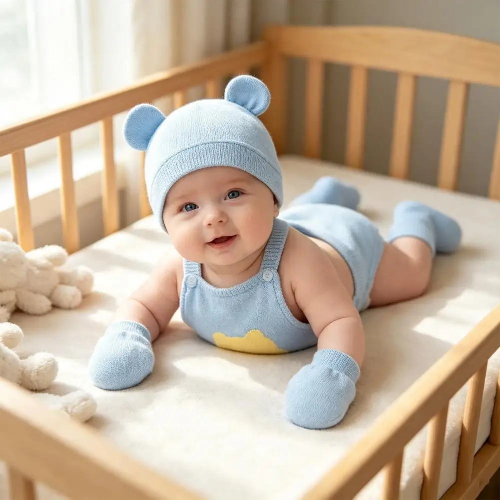 Newborn Hospital Outfit Newborn Baby Hat Mittens Set Cotton Infant Bear Ears Cap with Anti-scratch Gloves Soft Booties for 0-3