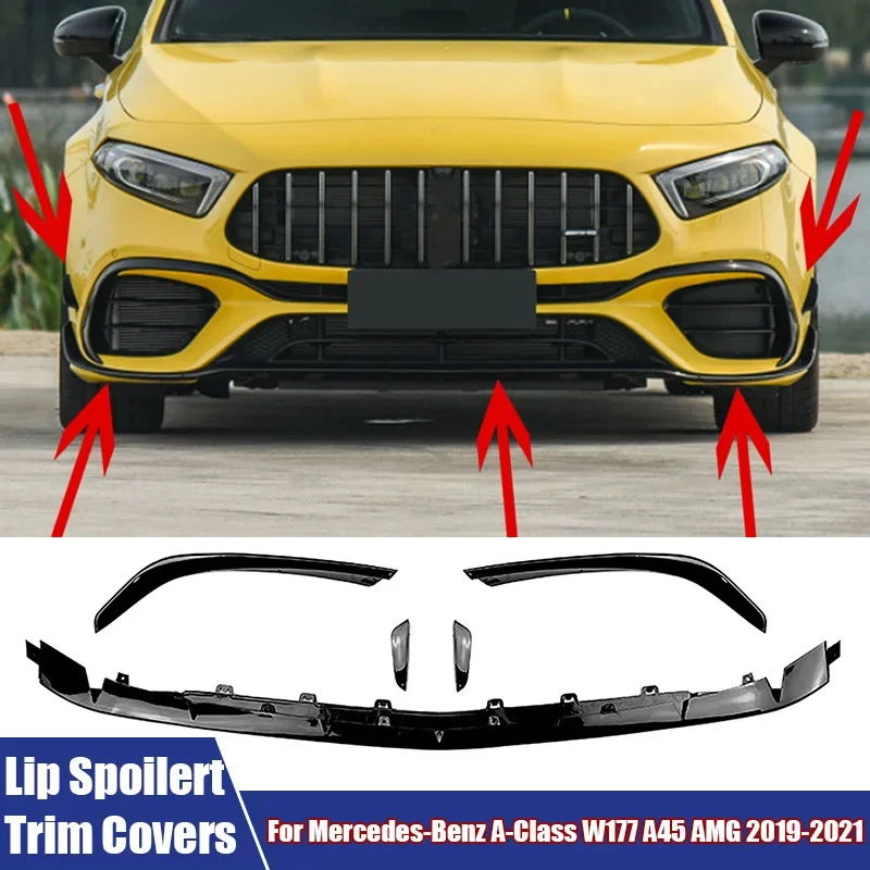 5 pièces/ensemble, garniture de protection pour le bas du pare-chocs avant, accessoires automobiles, compatible avec Mercedes-Benz Classe A W177 A45 AMG 2019-2021.