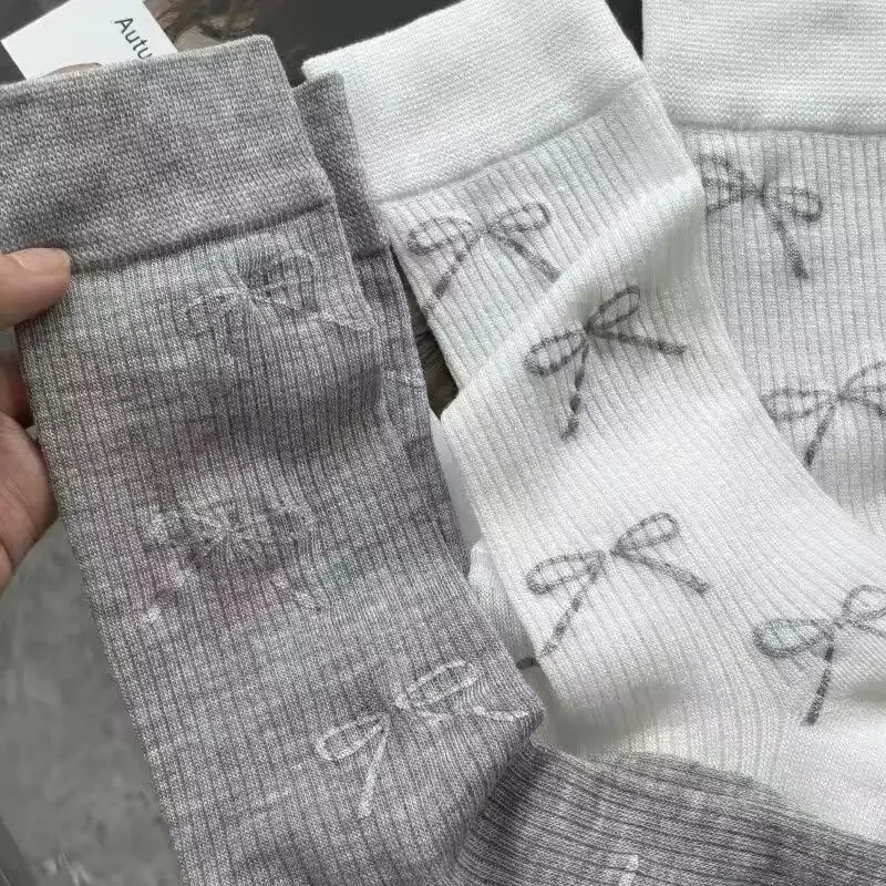 

Summer Thin Bow Socks Women Girls Grey White Soft Breathable Dot Socks Daily Sweet Comfortable In Tube Socks Fashion Accessories